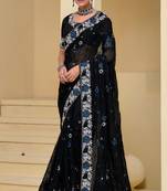 Black pure banarasi tuscany heavy thread embroidery, moti with sequins work saree with blouse