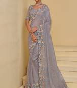 Grey pure banarasi tuscany heavy thread embroidery, moti, zarkan with sequins work saree with blouse