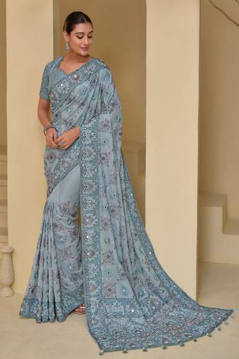 Grey pure banarasi tuscany heavy thread embroidery, moti, mirror, jari with sequins work saree with blouse