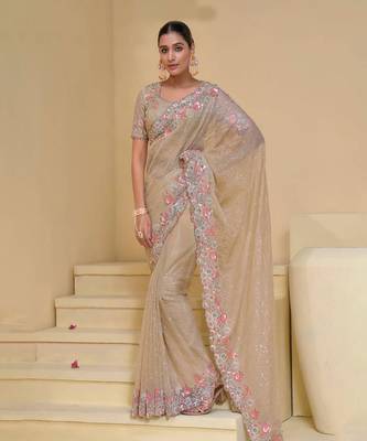 Cream pure banarasi tuscany heavy thread embroidery, moti, zarkan with sequins work saree with blouse 1