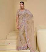 Cream pure banarasi tuscany heavy thread embroidery, moti, zarkan with sequins work saree with blouse