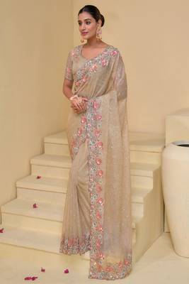 Cream pure banarasi tuscany heavy thread embroidery, moti, zarkan with sequins work saree with blouse 2