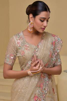 Cream pure banarasi tuscany heavy thread embroidery, moti, zarkan with sequins work saree with blouse 3