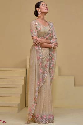 Cream pure banarasi tuscany heavy thread embroidery, moti, zarkan with sequins work saree with blouse 4