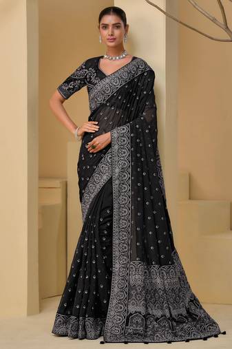 Black pure banarasi tuscany heavy thread embroidery, moti, cut-dana, mirror with zarkan work saree with blouse