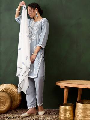 grey lucknowi chikankari rayon straight kurta pant set with chanderi dupatta 2