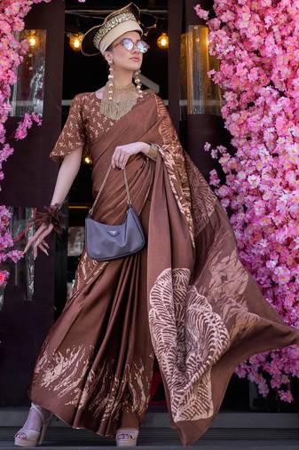 Coffee satin digital print saree with blouse