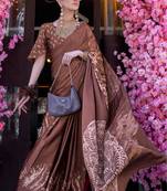 Coffee satin digital print saree with blouse