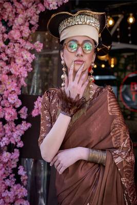 Coffee satin digital print saree with blouse 2
