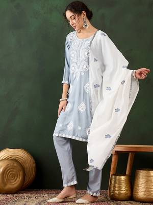 grey lucknowi chikankari rayon straight kurta pant set with chanderi dupatta 3