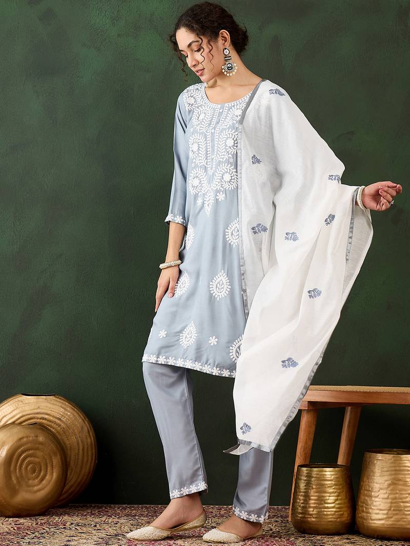 grey lucknowi chikankari rayon straight kurta pant set with chanderi dupatta