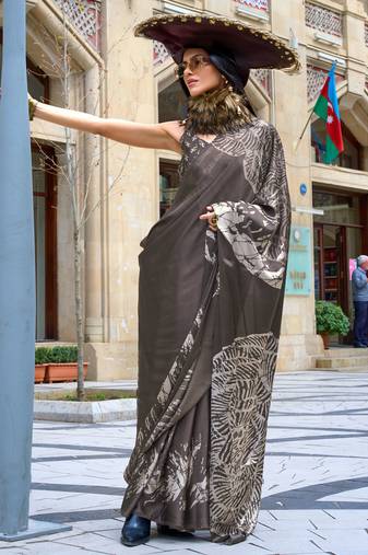 Charcoal satin digital print saree with blouse