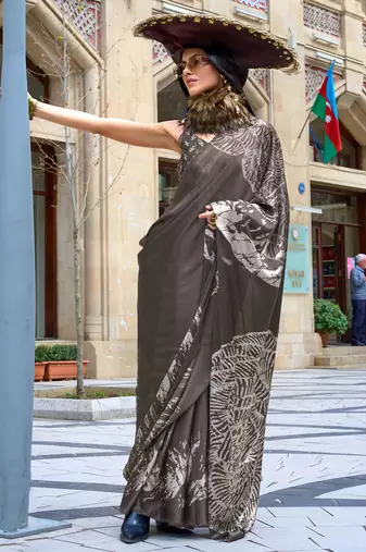 Charcoal satin digital print saree with blouse