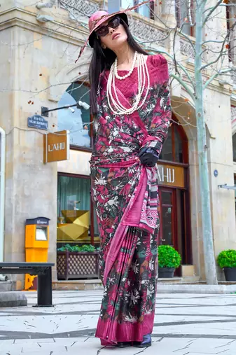 Multicolor satin digital print saree with blouse