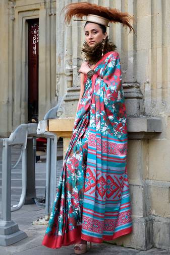 Multicolor satin digital print saree with blouse