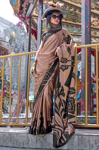 Chocolate satin digital print saree with blouse