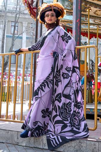 Lavender satin digital print saree with blouse