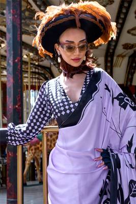 Lavender satin digital print saree with blouse 2