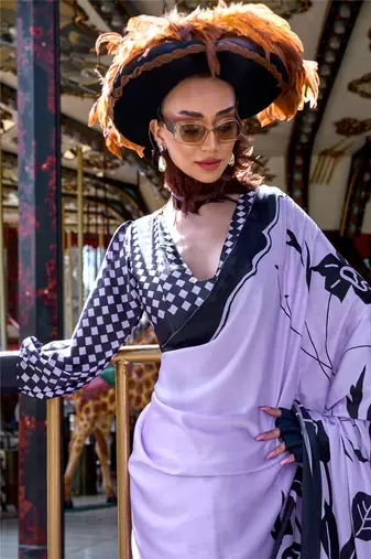 Lavender satin digital print saree with blouse