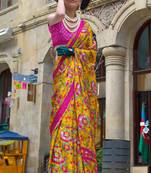 Mustard satin digital print saree with blouse