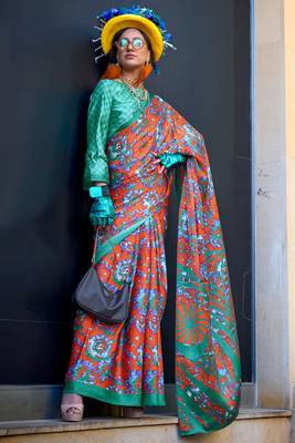 Orange satin digital print saree with blouse 1