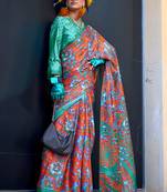 Orange satin digital print saree with blouse