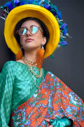 Orange satin digital print saree with blouse