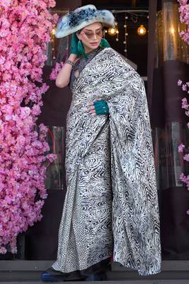 White satin digital print saree with blouse 1