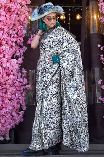 White satin digital print saree with blouse