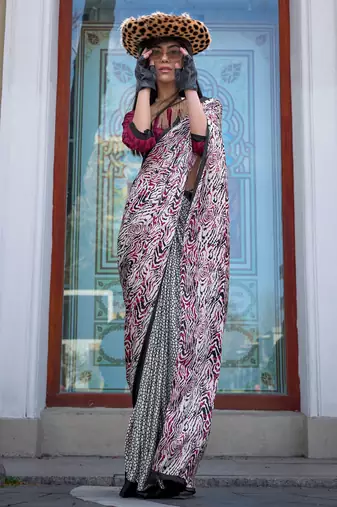 Multicolor satin digital print saree with blouse