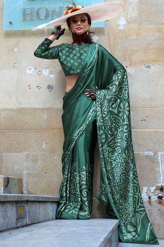 Green satin digital print saree with blouse