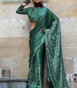 Green satin digital print saree with blouse