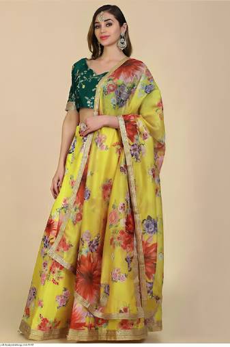 Mustard Yellow Silk Floral Lehenga Choli with Gold Embroidery