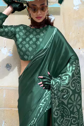 Green satin digital print saree with blouse