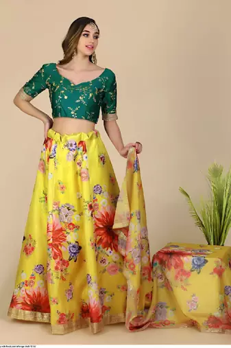 Mustard Yellow Silk Floral Lehenga Choli with Gold Embroidery