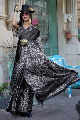 Black satin digital print saree with blouse 1