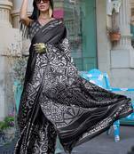 Black satin digital print saree with blouse