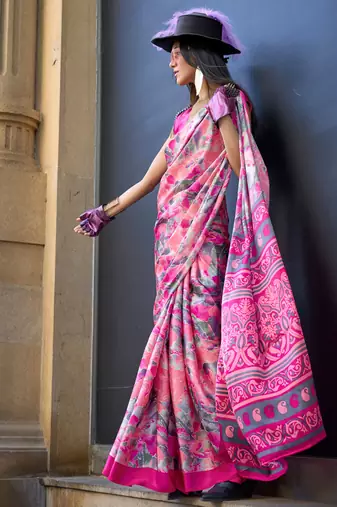Multicolor satin digital print saree with blouse