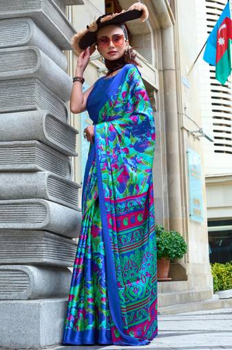Multicolor satin digital print saree with blouse