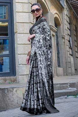 Black satin digital print saree with blouse 1