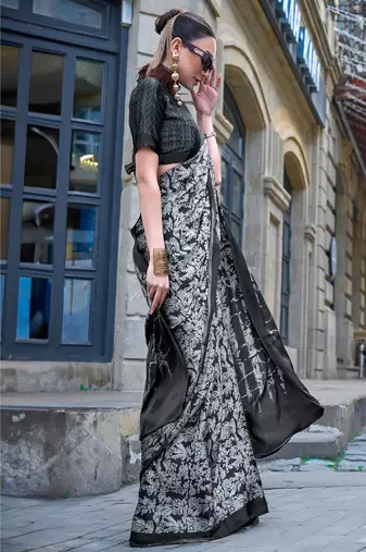 Black satin digital print saree with blouse