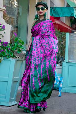 Magenta satin digital print saree with blouse 1