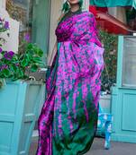 Magenta satin digital print saree with blouse