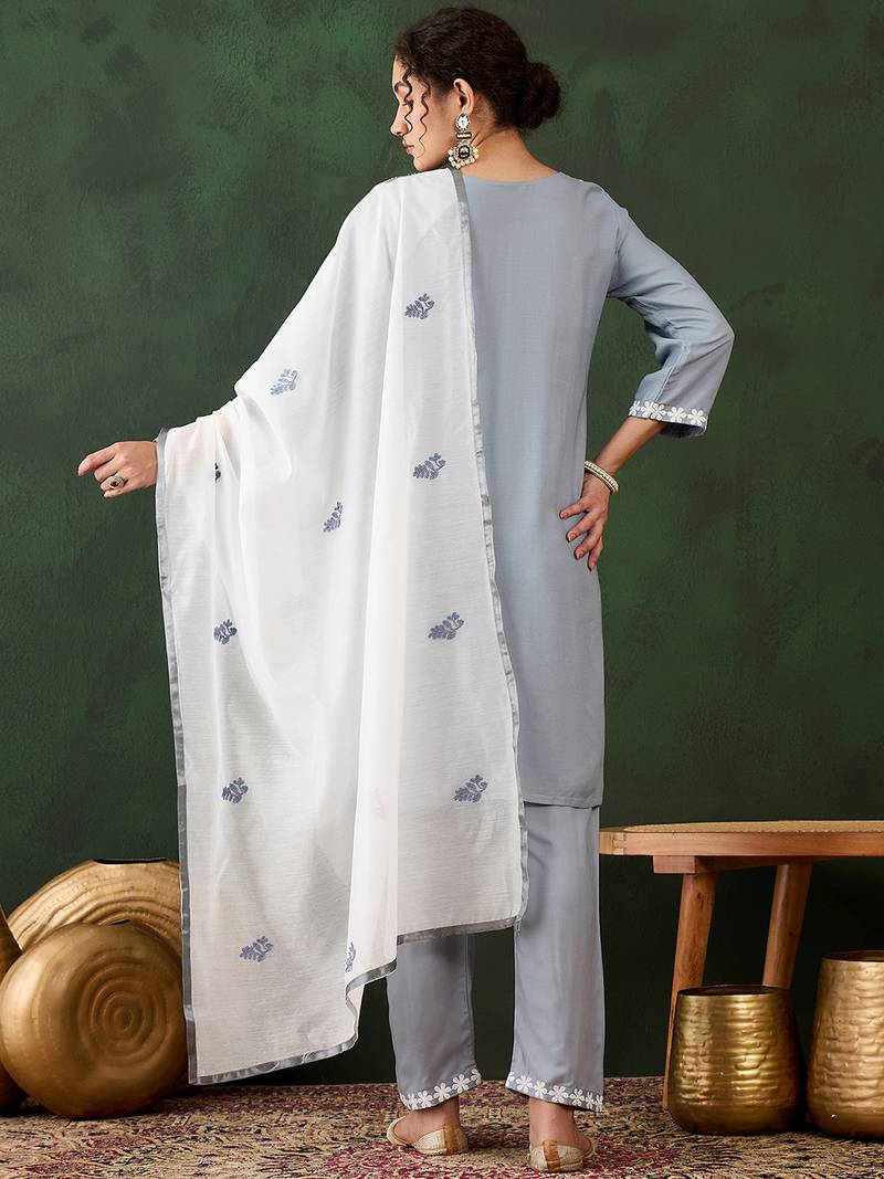 grey lucknowi chikankari rayon straight kurta pant set with chanderi dupatta