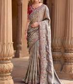 Grey silk organza jacquard woven with heavy embroidery work lace border with embroidery blouse saree with blouse
