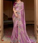 Lavender silk organza jacquard woven with heavy embroidery work lace border with embroidery blouse saree with blouse