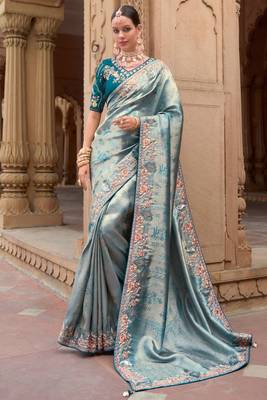 Blue silk organza jacquard woven with heavy embroidery work lace border with embroidery blouse saree with blouse 1