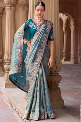 Blue silk organza jacquard woven with heavy embroidery work lace border with embroidery blouse saree with blouse 2
