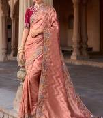 Peach silk organza jacquard woven with heavy embroidery work lace border with embroidery blouse saree with blouse