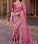 Pink silk organza jacquard woven with heavy embroidery work lace border with embroidery blouse saree with blouse